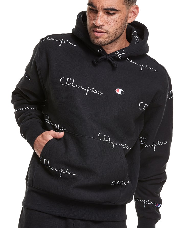 Sudadera Con Capucha Champion Hombre - Reverse Weave All Over Print ( Negras ) 1082749-JQ